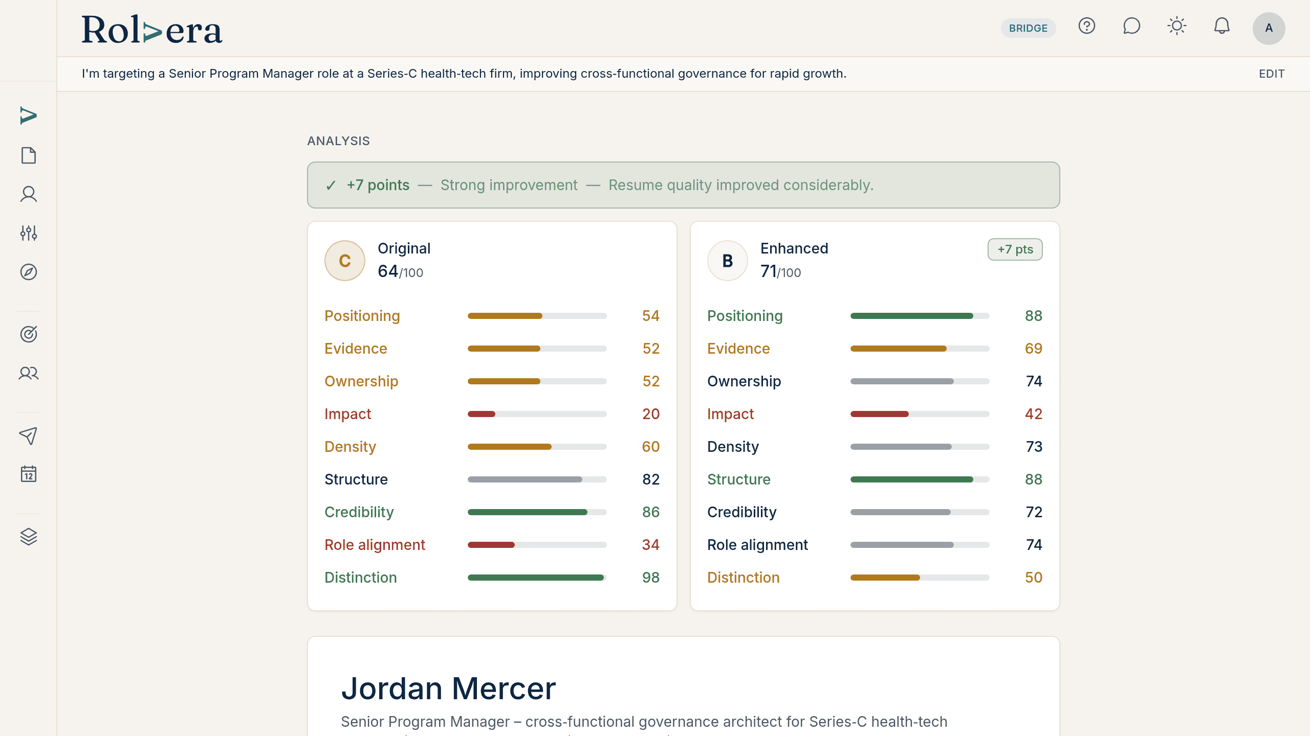 Resume analysis comparing the original resume score with the enhanced version across nine dimensions.